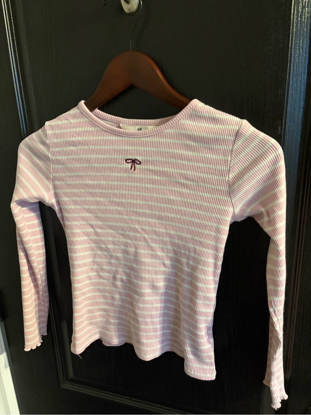 H&M Pink and White Striped Long-Sleeve Tee with Bow Detail